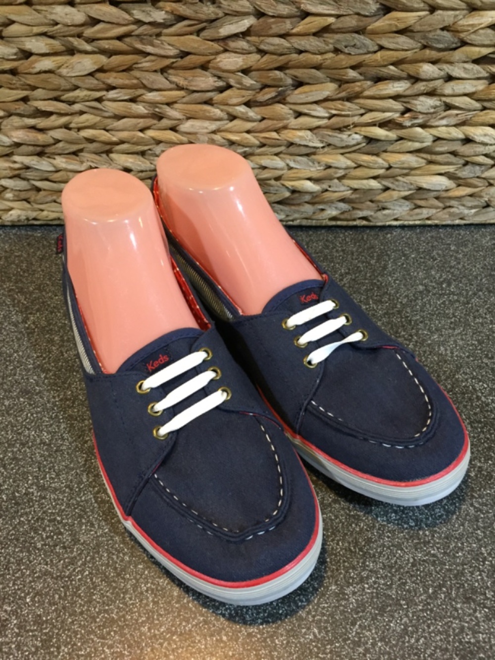 Keds Navy Blue Canvas Boat Shoes with Red Trim